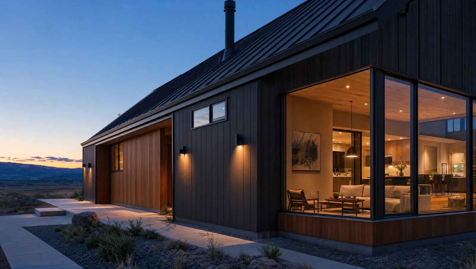 Modern home exterior with dark standing-seam cladding at twilight