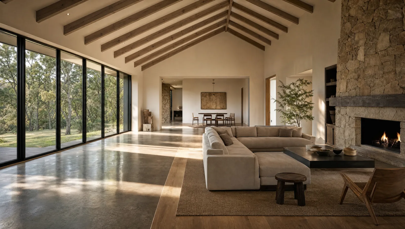 Open living room with vaulted ceilings, exposed beams and a wall of glass