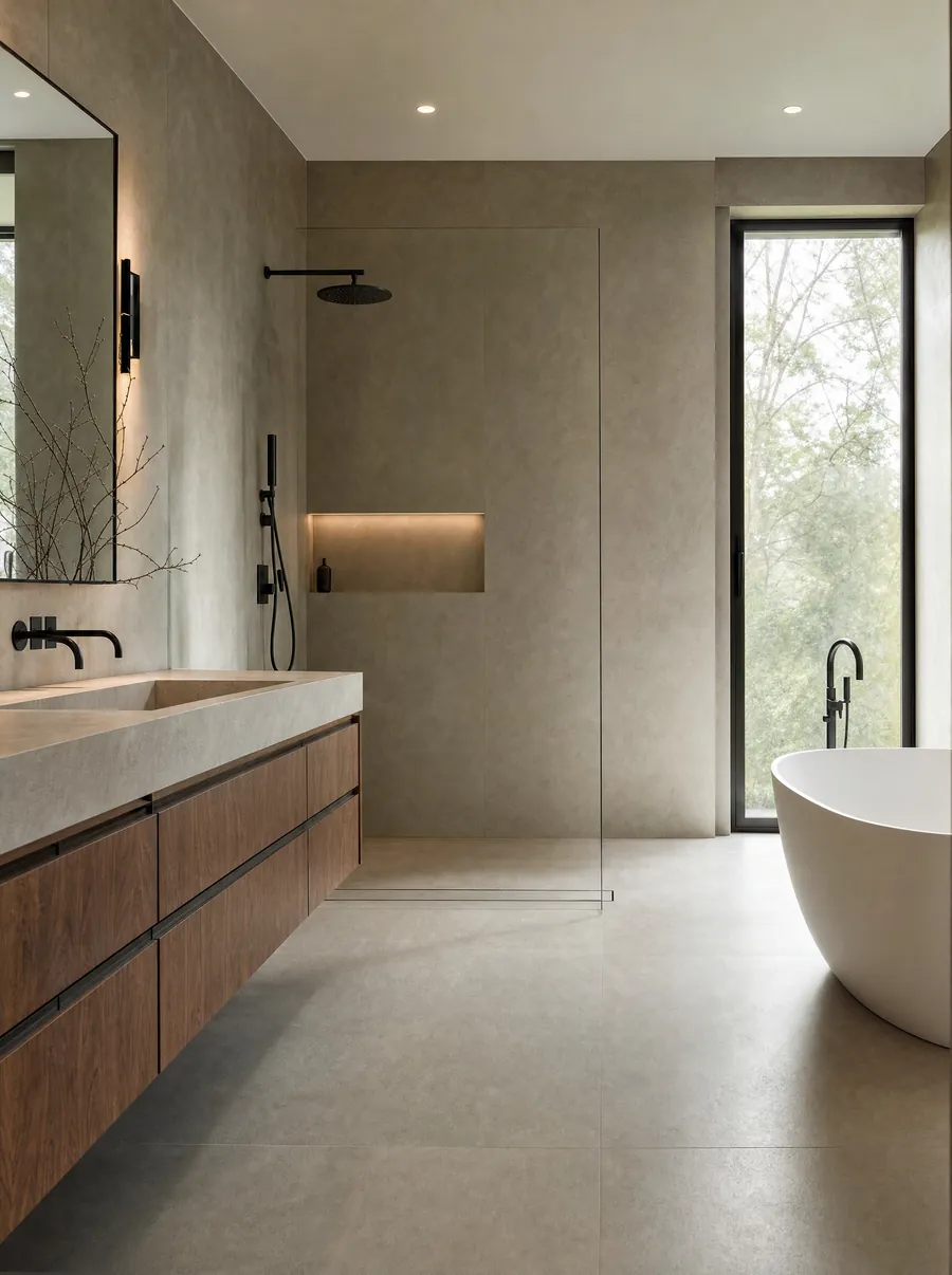 Bathroom with a freestanding tub and textured stone walls