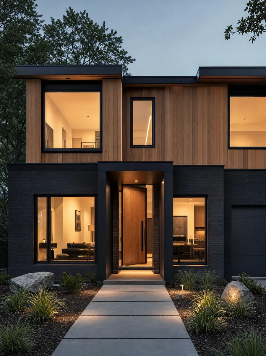 A newly built custom home with a clean modern facade and lit entry