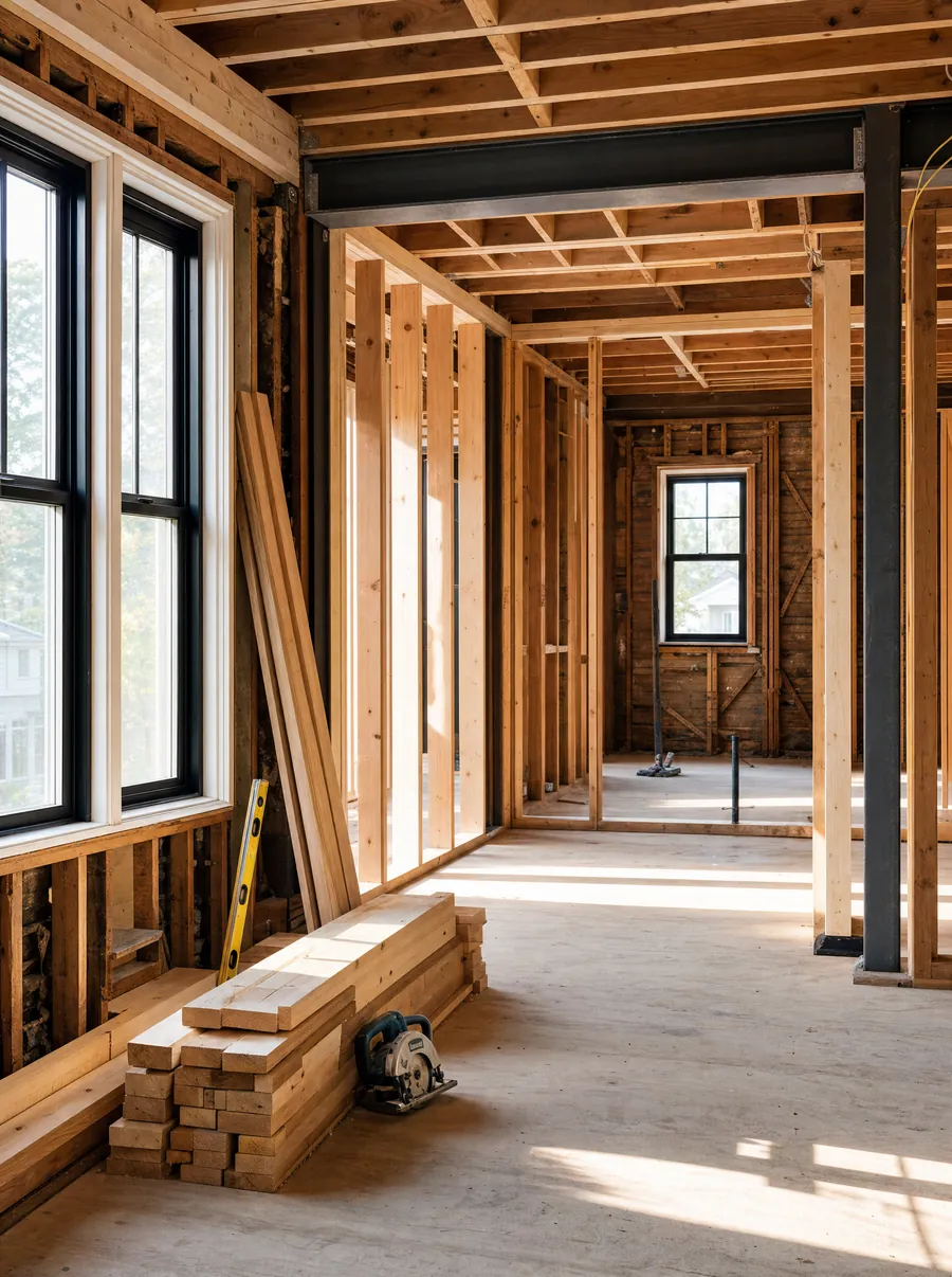 An open-plan living space mid-renovation with exposed framing
